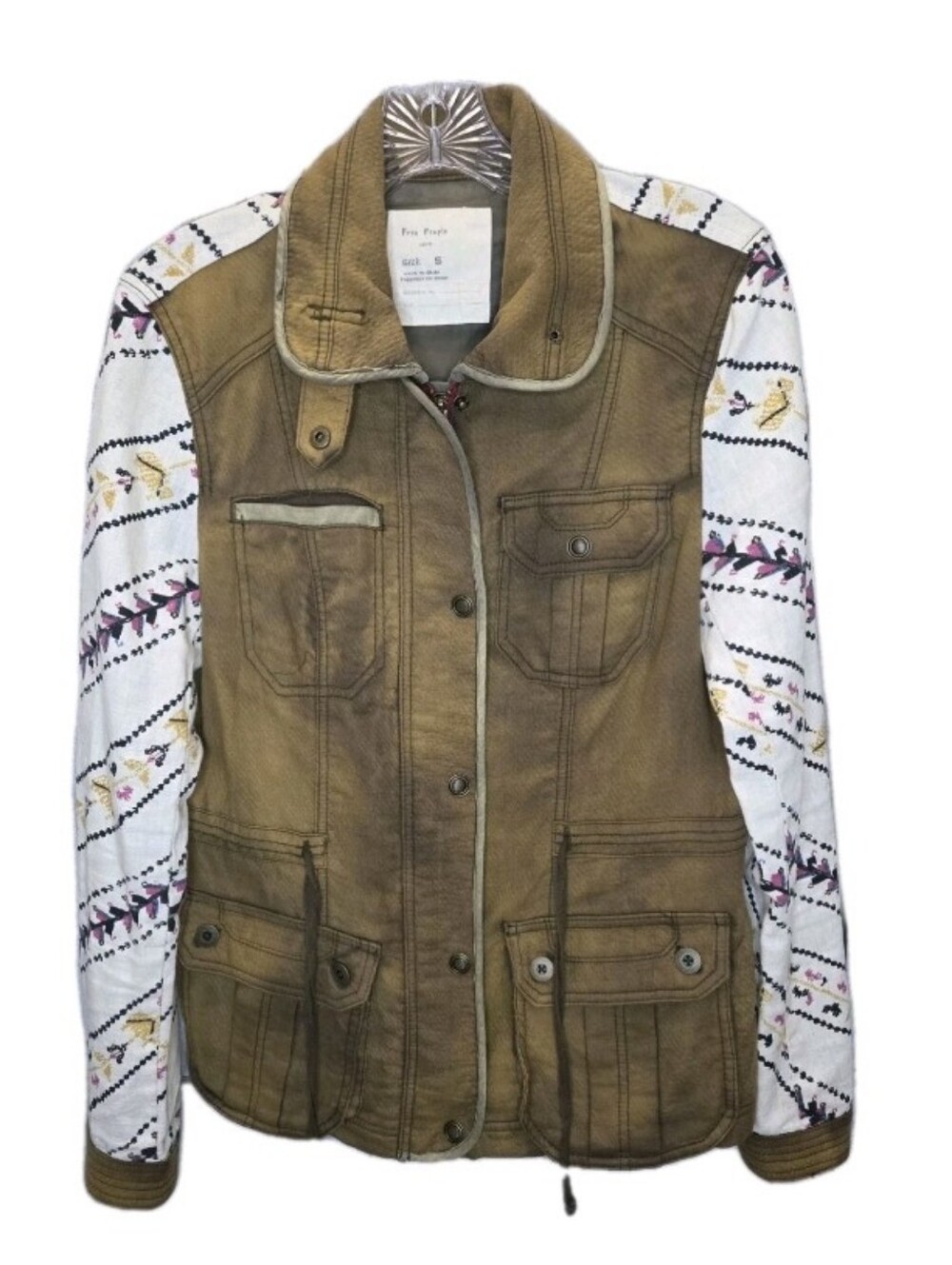 Free People Follow Your Heart Cargo Jacket Size S Greenish Brown/ Aztec Sleeves
